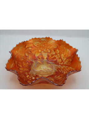 Vintage Fenton Peacock At The Urn Marigold Carnival Glass Ruffled Bowl Dish 8"